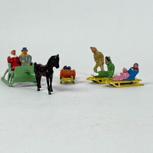 Vintage Barclay Figures 3 Sheds Miniature Horse & Sleigh Models W/ 5 People
